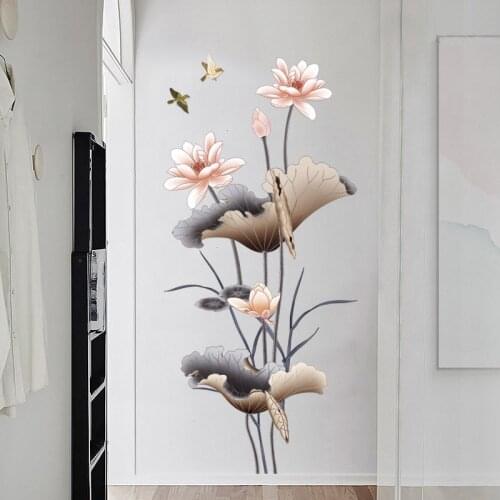 Chinese Wall Stickers Lotus Wallpaper Door Paste Waterproof Home Decoration Accessories for Living Room Wall Decor Aesthetic