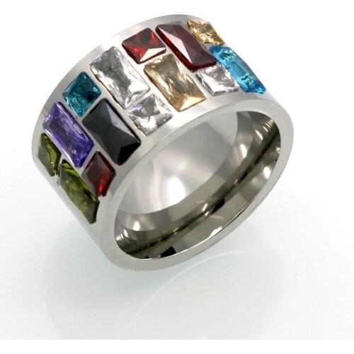 Hot Sale Fashion Women Lovers Color Rose Gold Stainless Steel Love Square Colorful Square Crystal Seven Rainbow Rings Jewelry