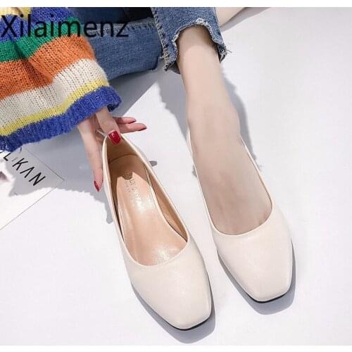 Women Loafers Simple PU Leather Slip-on Shoes Round Toe Mid Heel Ladies Party Student Shoes Pumps Moccasins chaussures femme