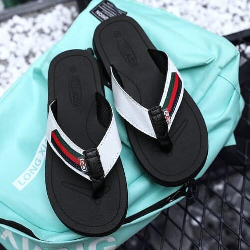 WEH 2020 Summer Men Leather PU Slippers Handmade Flip Flops Comfortable Breathable Beach Sandals Classic Casual Flats Shoes