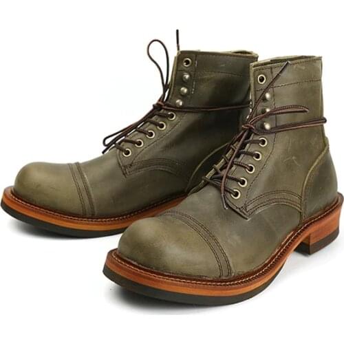 Yomior New Fashion Vintage Casual Men Shoes Top Quality Handmade Cow Leather Tooling Ankle Boots Round Toe Motorcycle Boots 2021