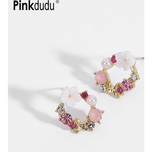 Pinkdudu New Korean Fresh Cute Flowers Stud Earring Round Rose Gold Butterfly Stud Earrings for Women Jewelry Accessories PD262