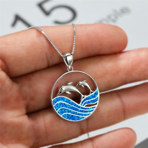 Blue Fire Opal Double Dolphin Pendant Necklaces For Women Men Animal Jewelry Female Wedding Engagement Necklace Christmas Gifts