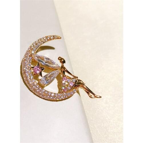 Luxury Rhinestone Moon Star Angle Brooches Pins Crystal Broach for Bridal Bouquet Sash Flower Pin Engagement Accessory Jewelry