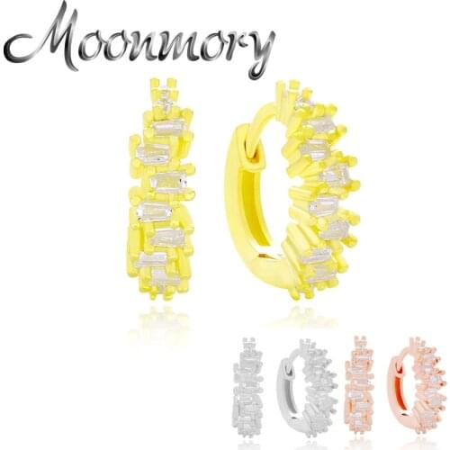 Moonmory 925 Sterling Silver Full Rectangle Zircon Hoop Huggies Earring For Women Trendy Sweet Crystal Round Earrings Jewelry