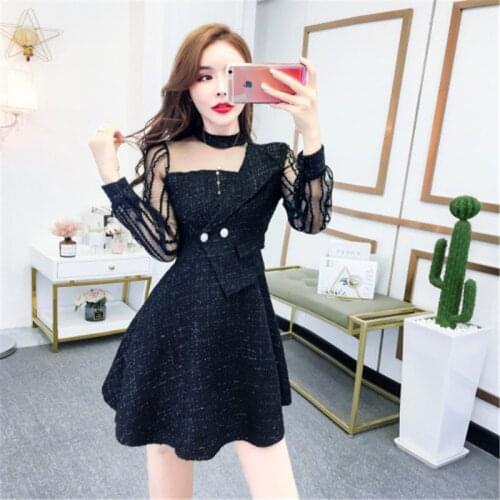 Net yarn dress 2020 spring new sexy fashion O-neck net yarn fight receiving waist was thin mini dress