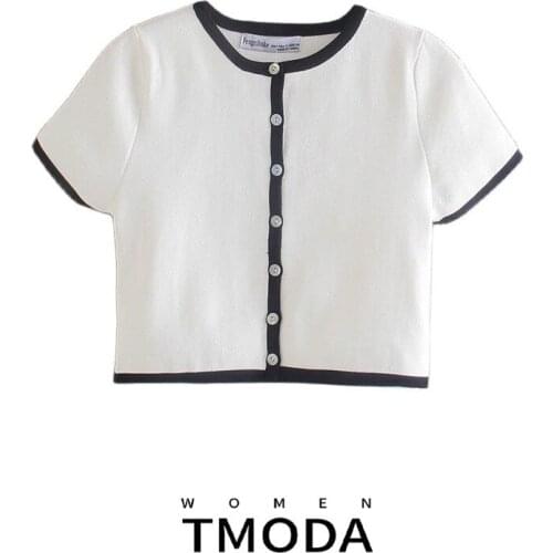 TMODA1358 2021 Summer Simple Knit Cardigan Sweater Skinny T Shirt Female Chic Wild Slim Round Neck Short Sleeve Tshirts Tops