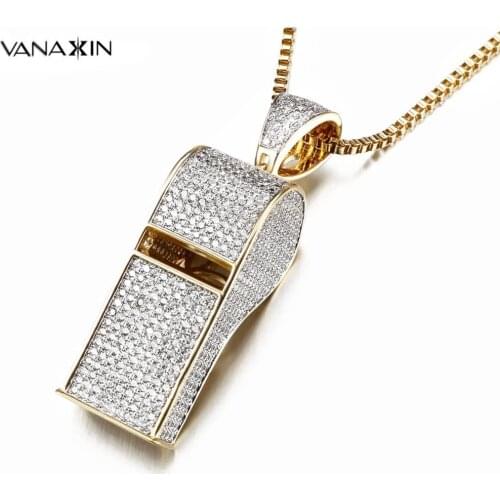 VANAXIN Men Whistle Necklace Pendants Gold/Silver Color Full Paved AAA+ Cubic Zirconia Stone Hip Hop Party High Quality Jewelry