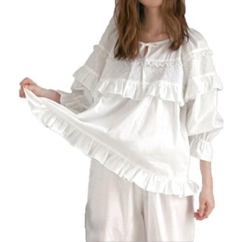 Spring Cotton Pajamas Sets Womens Lace Ruffle Sleepwear White Home Wear Clothing Female Princess Suit Pajama Size M L