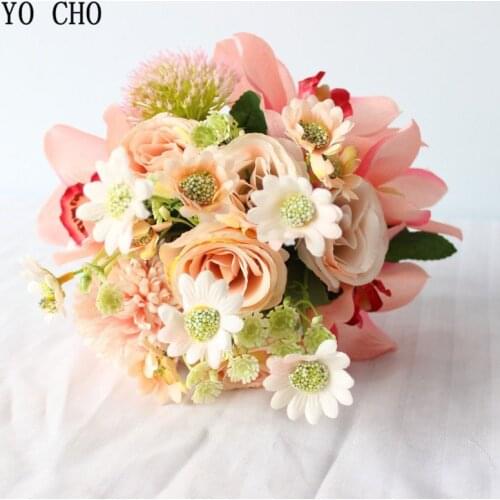 YO CHO Bouquet Artificial Silk Rose Flower Bridesmaid Wedding Bouquet Orchid Pompom Flower Champagne Bride Prom Wedding Supplies