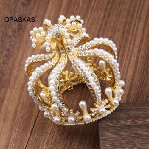 Bridal Full Round Crown Headwear Luxury Alloy Pearl Inlaid Headband for Female Wedding Hair Accessories PT