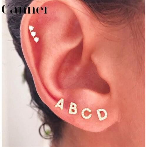 Mini 925 Sterling Silver Geometric English Letters Stud Earrings for Women Gold Silver Alphabet Zircon Studs Earrings Jewelry