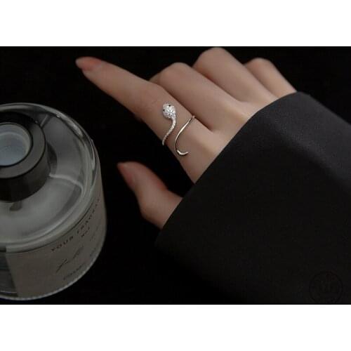 KAMIRA 925 Sterling Silver Cuban Retro Black Zircon Snake Adjustable Open Ring for Women Men Party Punk Elegant European Jewelry