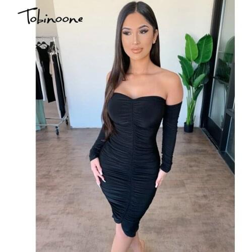 Tobinoone Off Shoulder Ruched Bodycon Black Dress Women Long Sleeve Backless Sexy Mini Dresses Autumn Solid Slim Party Vestidos