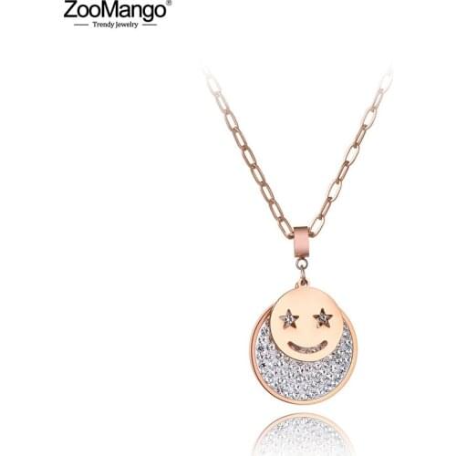 ZooMango Trendy Stainless Steel Smile Face CZ Crystal Pendant Necklace For Women Bohemia Clay Rhinestone Choker Necklace ZN19169