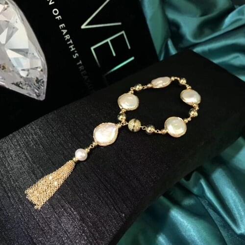 5pcs/13-14mm pearls,Natural Fresh-water Button Pearls Bracelet with Tassels,women Bracelet Fashion jewelry for wedding decor