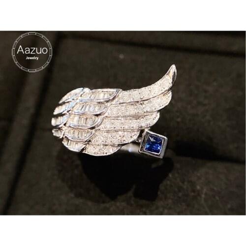 Aazuo 18K White Gold Natrual Blue Sapphire Real Diamond Luxury Wing Open Ring Gift For Woman High Class Banquet Engagement Party