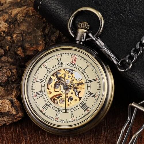 Retro Bronze Hollow Skeleton Steampunk Mechanical Pocket Watch Men Unique Roman Number Dial Male Clock Chain Mens Pocket Watches