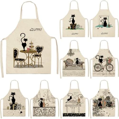 Black and White Cat Letter Printed Linen Apron Baking Accessories Aprons for Women Apron Kitchen Cooking Accessories Cafe