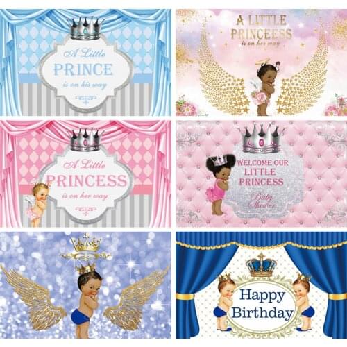 Baby Shower Background A Little Prince Is On His Way Light Blue Curtain Crown Stripe Photography Backdrop Photocall Photo Studio