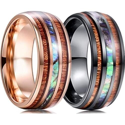 Fashion 8mm Rose Gold Black Stainless Steel Mens Ring Hawaiian Koa Wood and Abalone Shell Opal Inlay Ring Wedding Band Jewelry