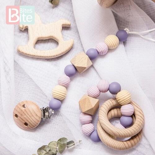 Bite Bites 3Pc/Set Wooden Silicone Teether Pacifier Chain Food Grade Perle Silicone Beads Baby Rattle Toys Beech Wooden Rodents