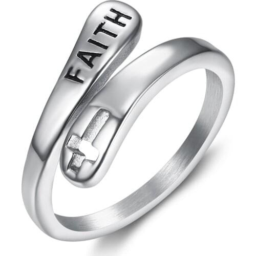 Megin D Vintage Simple Style Cross FAITH Titanium Steel Rings for Men Women Couple Family Friend Fashion Design Gift Jewelry