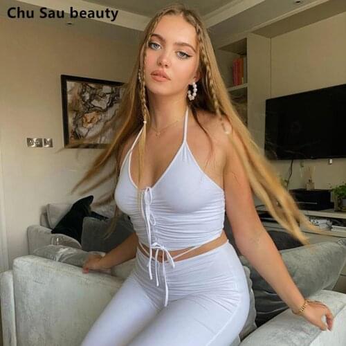 Fashion sexy woman halter neck backless tight elastic crop tops vest + casual high waist bag hip trousers two-piece suits
