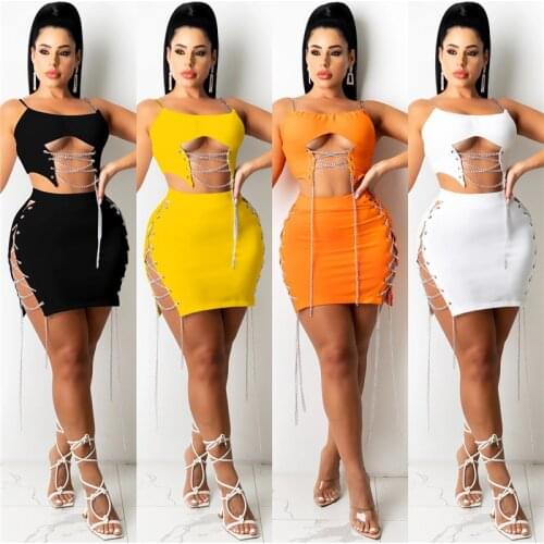 WJFZQM Fashion Solid Sexy Lace Up Chain Cami And Mini Skirt Set New Summer Casual Women Sets Hollow Out 2 Piece Set Outfits 2021