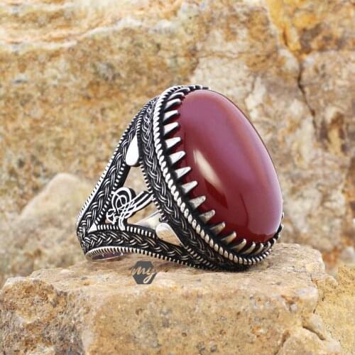Solid 925 Sterling Silver Oval Agate Stone Ottoman Signature Tughra Mens Ring