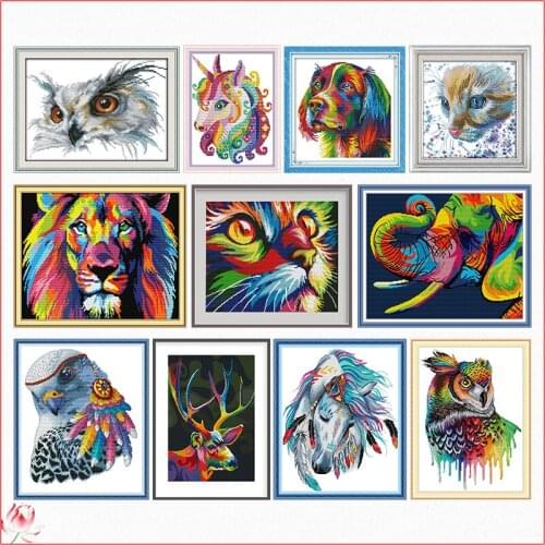 Coloured Animal Cross Stitch Kit Rainbow Dog Pattern 14CT White 11CT Printed Embroidery set DIY Home Decoration Craft Painting