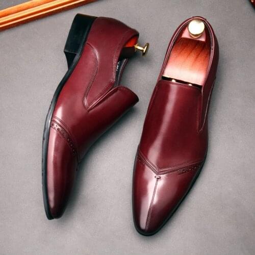 Italian New Office Wedding Men Genuine Leather Shoes Loafers Male High Quality Leather Shoes Man Flats Dress Shoe Black Red Wine