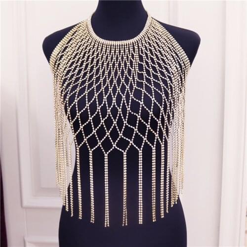 New Bikini Body Chain Rhinestone Tassel Lingerie Chain Body Long Necklace Hollow Mesh Necklace Nightclub Body Accessories
