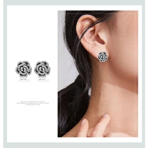 New Classic Rose Camellia CZ Black Stereoscopic Petals Earrings Holiday Ladies Gifts Elegant Woman Earrings