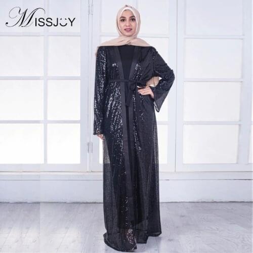 MISSJOY Sequin Dress abaya Dubai Islamic Muslim Party 2019 arabic Women Black Fashion Open Front Kimono Long Maxi Cardigan Dress