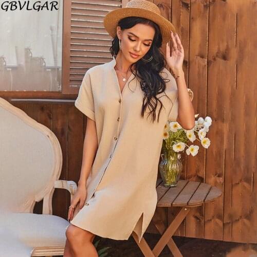 Simplee Casual Khaki V-neck Button Summer Women Dress Casual Short Sleeve A Line Dresses for Woman 2021 Summer High Waist Dress
