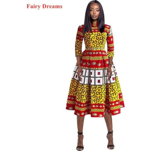 African Womens Digital Printed Back V-Neck Three-Quarter Sleeve Mid-Length Dress Kanga Ankara Dashiki Lady Clothing