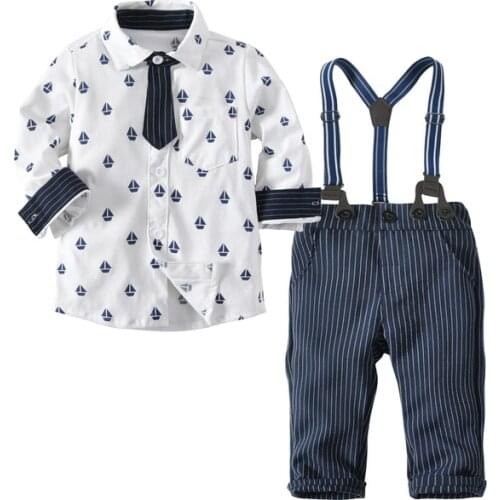 Newborn Gentleman Kids 1year Birthday Formal Dress Shirt Suit Baby Boys Bow Tie Shirt + Suspender Trousers 2pcs Clothing Set