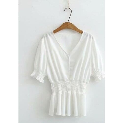 Plus Size Womens White Black V-neck Blouse Solid Simple Slim Tops Oversized Vintage Officewear Blusas