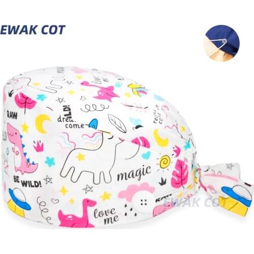 Cartoon printing Adjustable Cotton Work Scrub Cap Smile Teeth Print Bouffant Hat Head Scarf Pet Grooming Agency Scrubs Hats