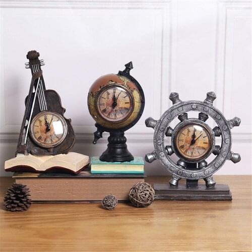 Retro Musical Instrument Small Ornaments Resin Crafts Creative Violin Globe Clock Table Decoration Living Room Cafe Decoration