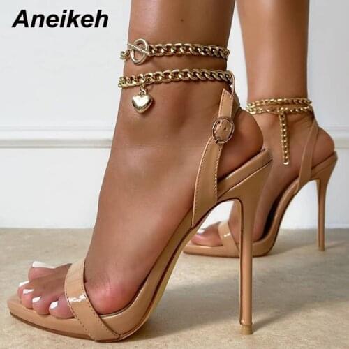 Aneikeh Sexy PU Shallow High Heel Sandals Women Summer 2021 NEW Pointed Toe Metal Chain Shoes Fashion Buckle Strap Party Sewing