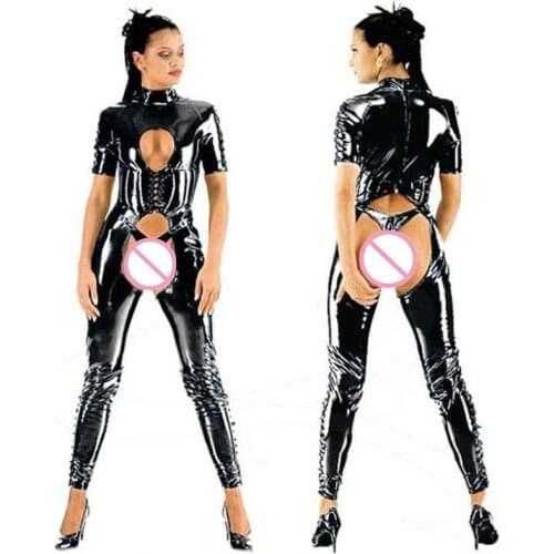Women Short Sleeve Black PVC Patent Leather Bright Leather Open File And Open Chest Tight Jumpsuit S-2XL