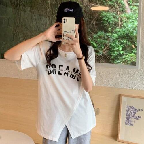 Korea chic wild niche round neck loose letter printing irregular split design short-sleeved T-shirt women