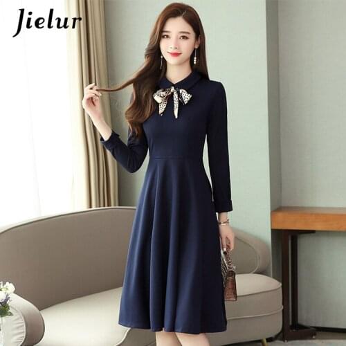 Jielur Women Dress Solid Color Long Sleeve Tie A-line Dresses OL High Waist Chic Slim Korean Mujer Robe Femme Autumn Dress