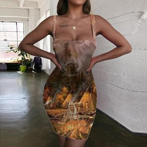 Giyu Brand Indios Dress Women Wolf Ladies Dresses Flame Halter Sleeveless Forest Sundress Womens Clothing Mini Evening Vintage