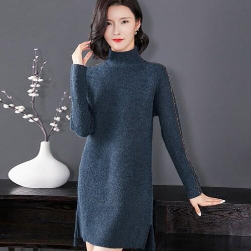Women Dress Sweater Autumn Winter Turtleneck Dress Side Split Sweater Dress Female Knit Dress Long Sweater Elastic Sweater Dress
