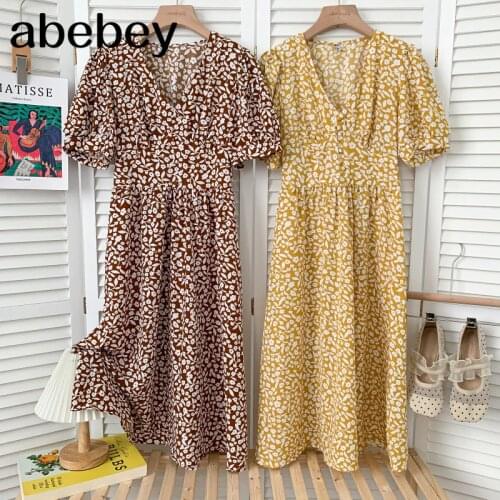 Temperament V-neck short sleeve Dress high waist pleated floral print mid-length A-line Dress 2021 New Summer Women