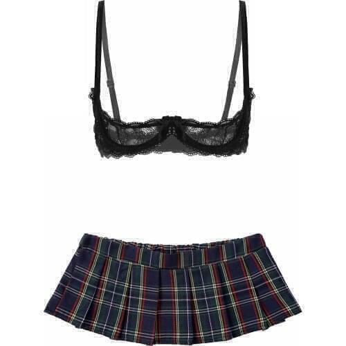 Women Sexy Lingerie Adjustable Straps 1/4 Cup Open Nipple Bra See-through Lace Underwire Bra Tops Plaid Pleated Mini Skirts