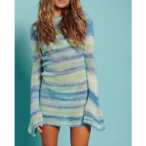 Femotwin Sexy Backless Dress Knitted Hollow Out Flare Long Sleeve Mini Dress Casual Patchwork Color Autumn Vintage Dress 2021